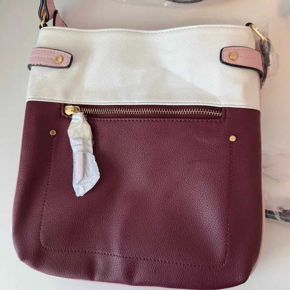 MKF Mia K. Collection Camilla Leather Crossbody Purse Burgundy White Pink NWT‎